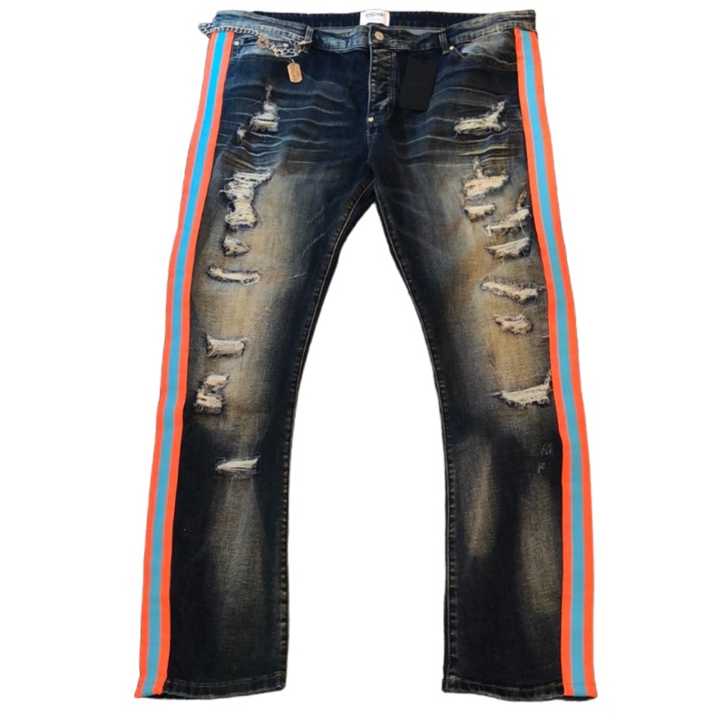 Mackeen neon orange and blue stripe men’s distressed denim jeans